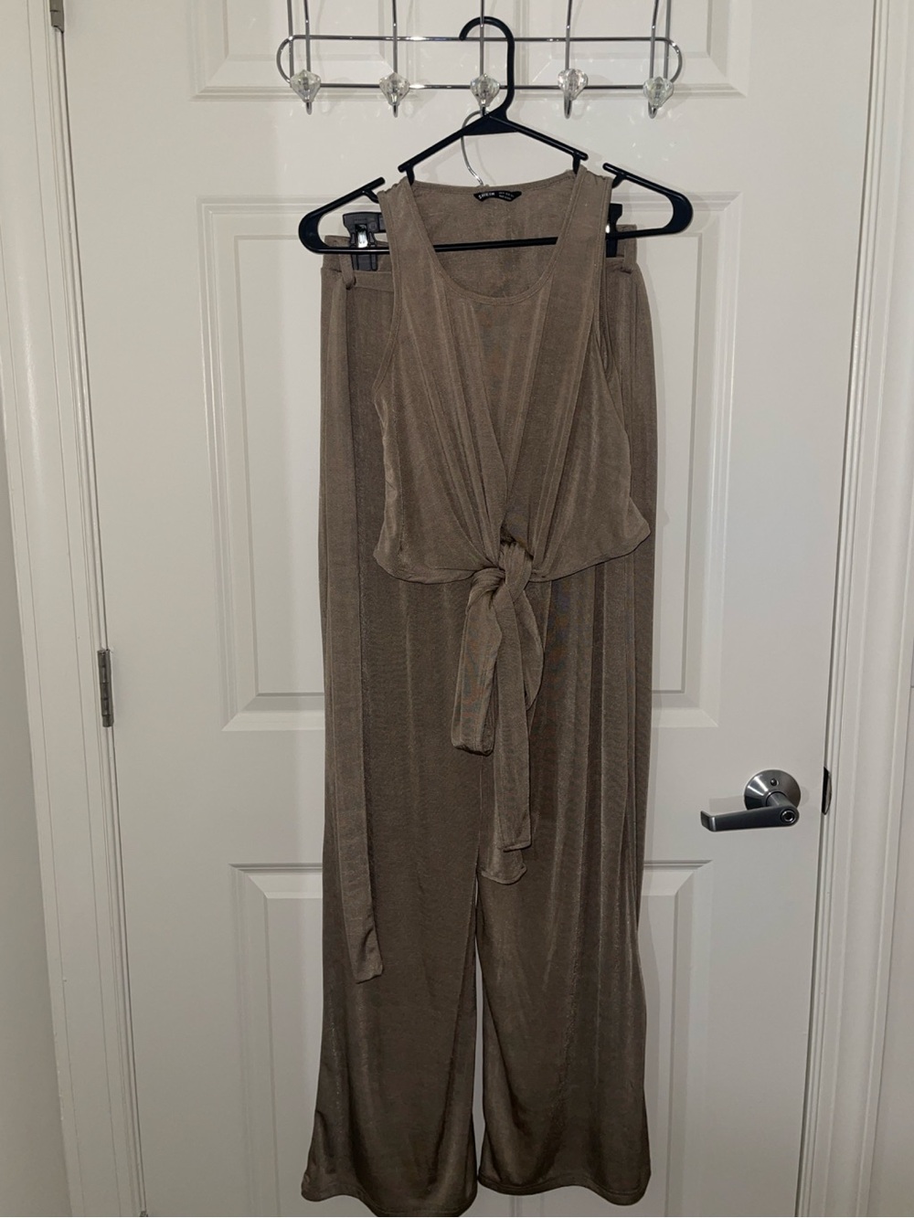 SHEIN Taupe Sleeveless Tie-Front Wide-Leg Jumpsuit